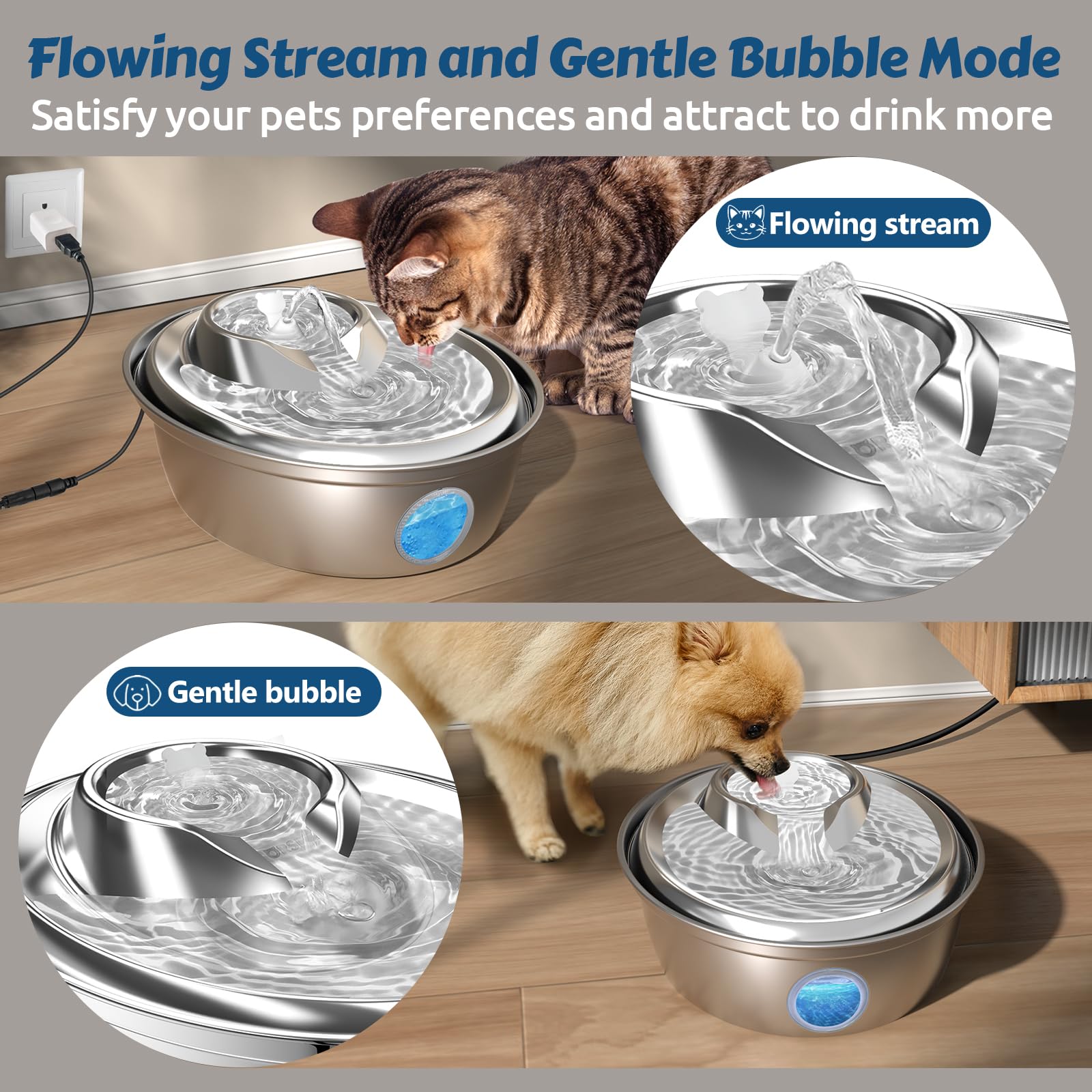 ORSDA cat water fountain stainless steel flow modes entice pets with varied drinking patterns