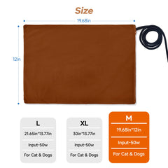 Ortri cat heating pad lounge area shows roomy 19.68 by 12 inches for pets.