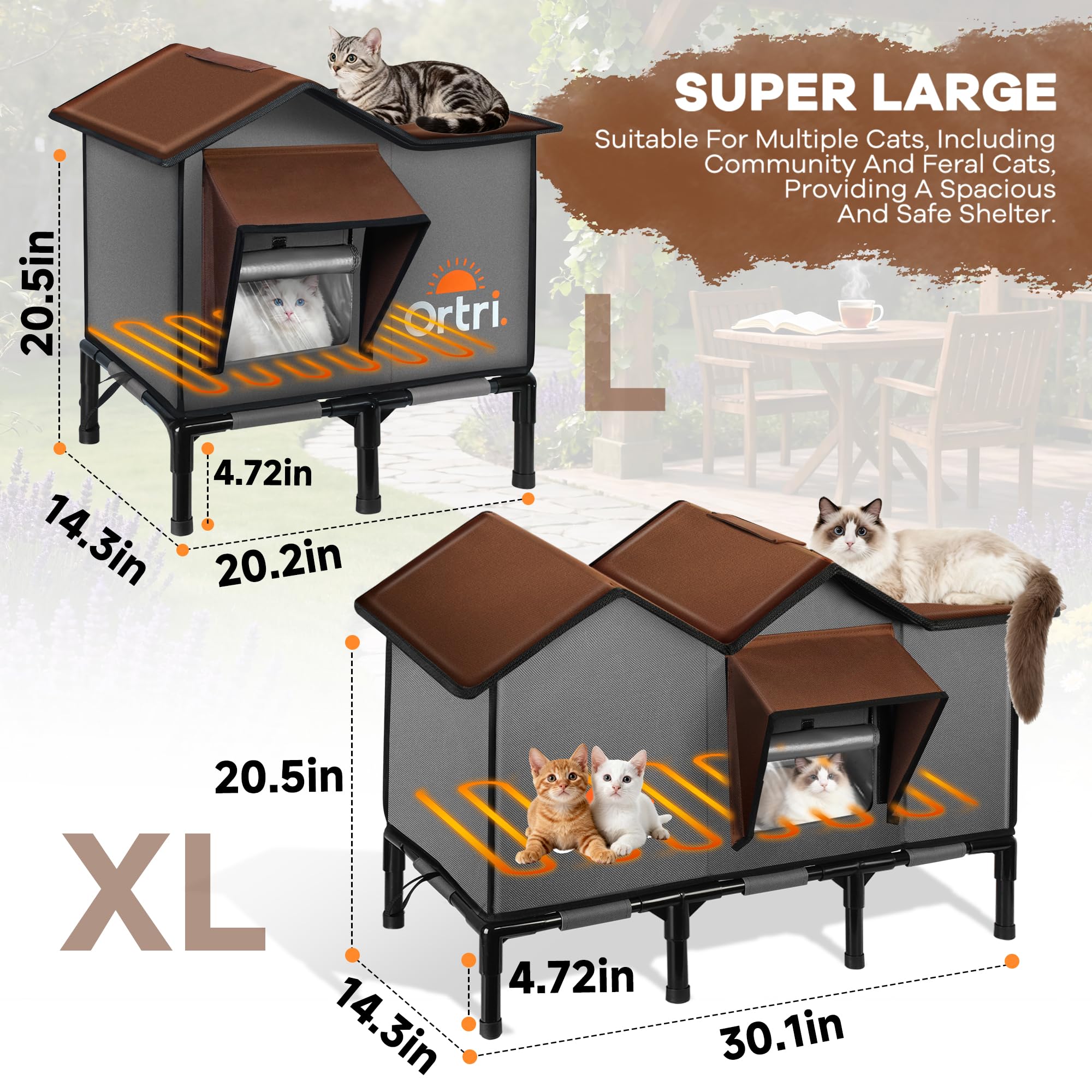Ortri outdoor heated cat house elevated base detail to keep cats dry.