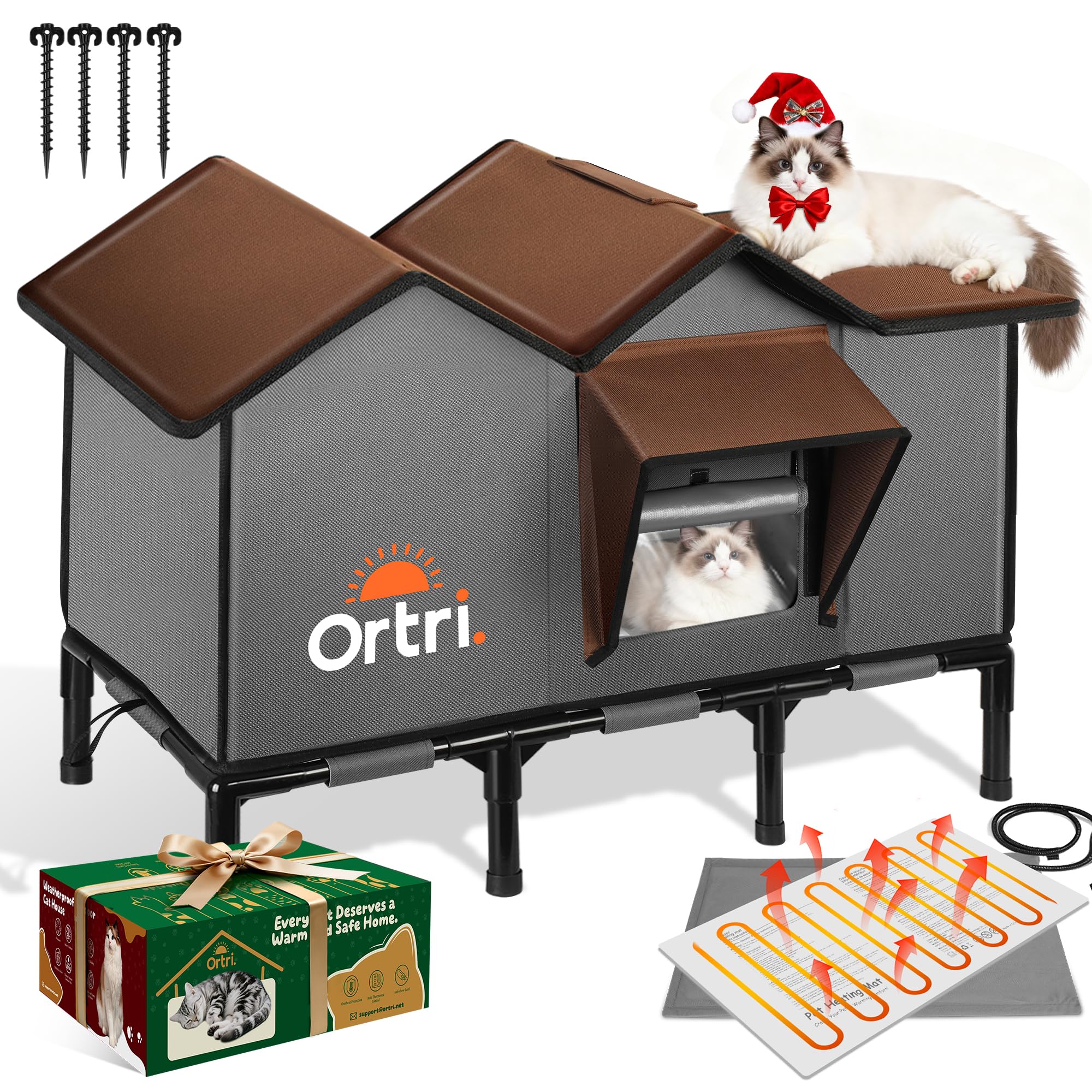 Ortri outdoor heated cat house front view illustrating weatherproof shelter for outdoor cats.