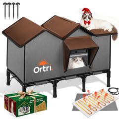 Ortri outdoor heated cat house front view illustrating weatherproof shelter for outdoor cats.