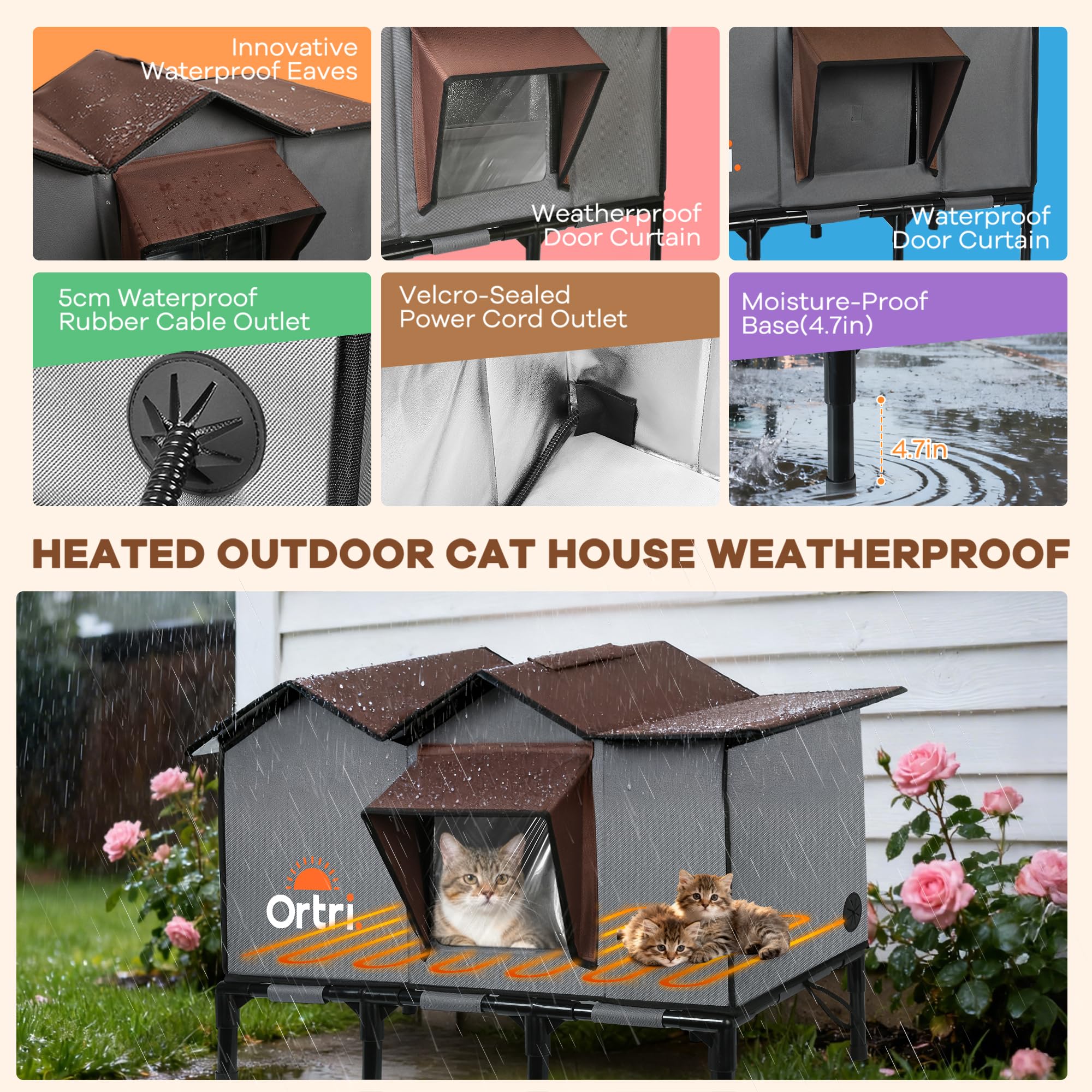 Ortri outdoor heated cat house side view showing elevated base for dry comfort.
