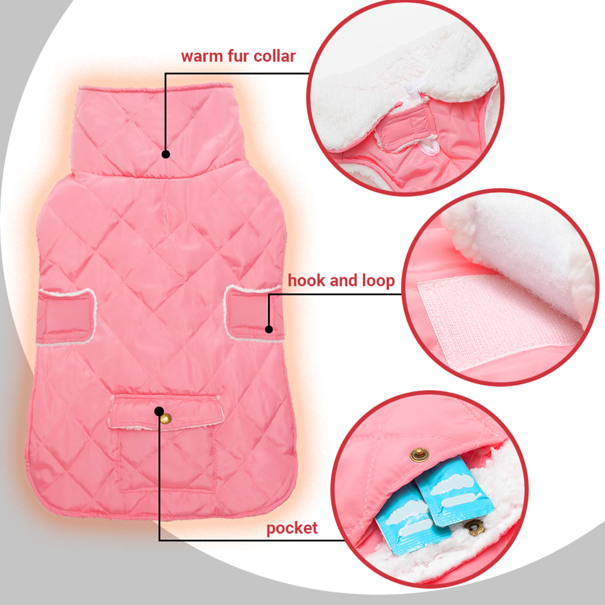 ORZECHKO dog-winter-coat-leash-hole-pocket highlights convenient back-pocket and leash access.