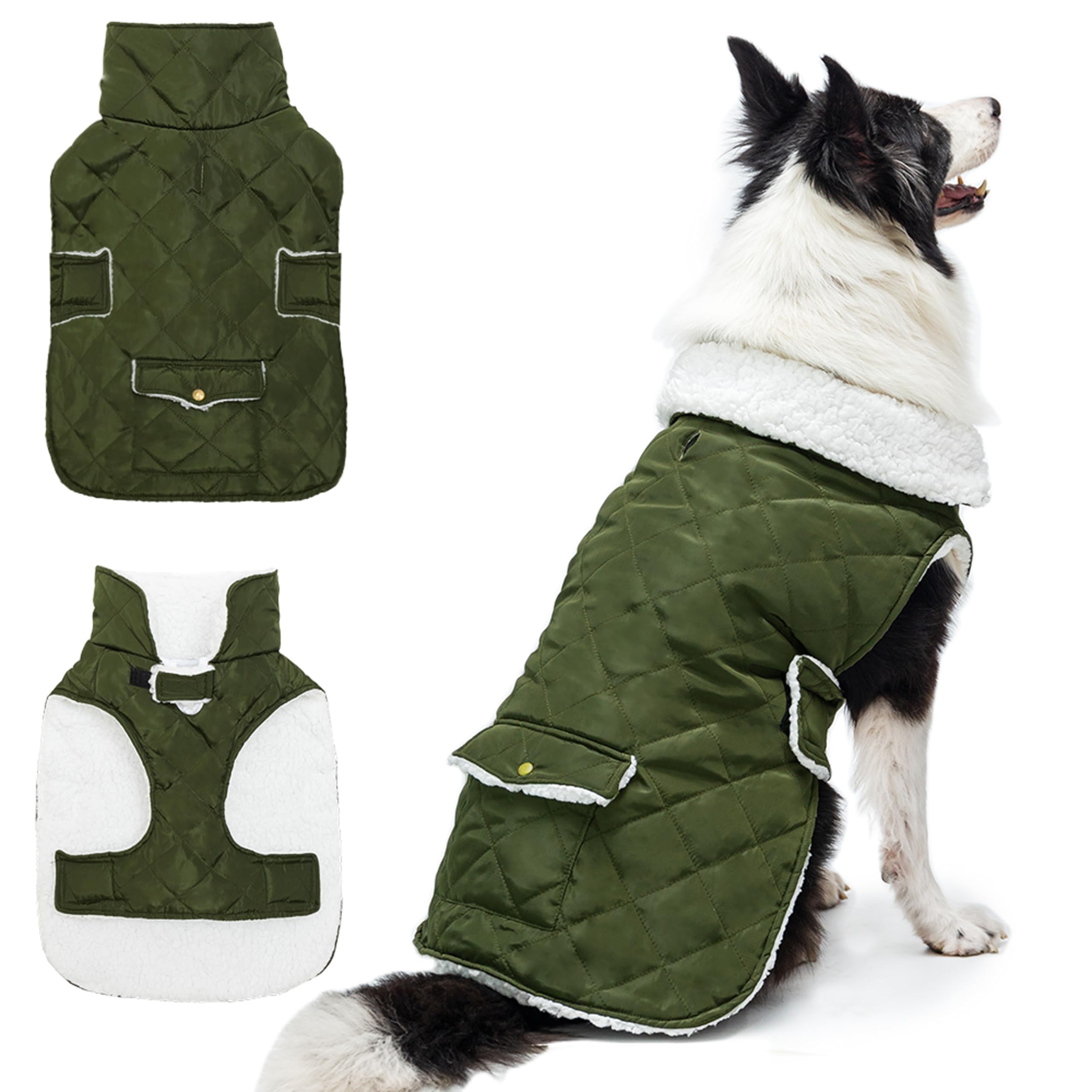 ORZECHKO dog winter coat plaid back view shows windproof warmth for chilly walks.