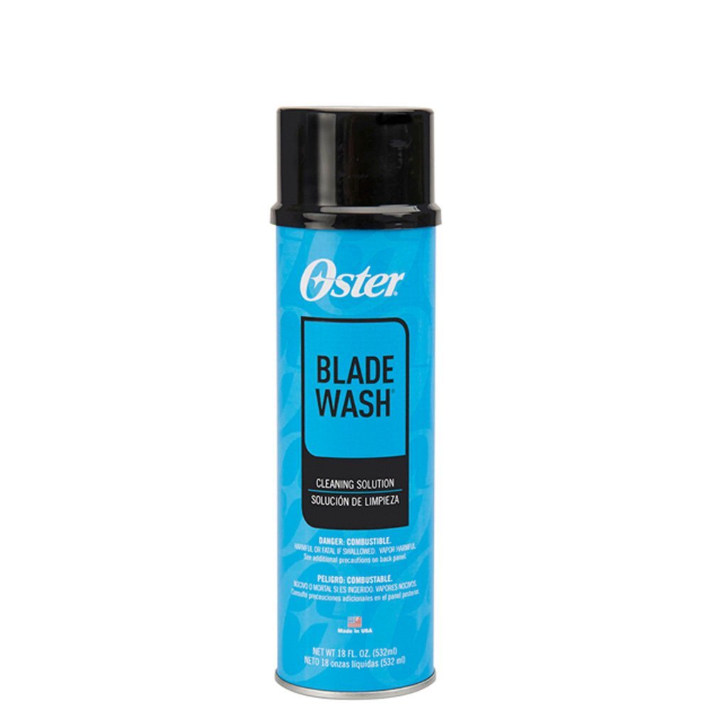 Oster Blade Wash bottle demonstrates cleaning and lubricating clipper blades for smoother trimming.