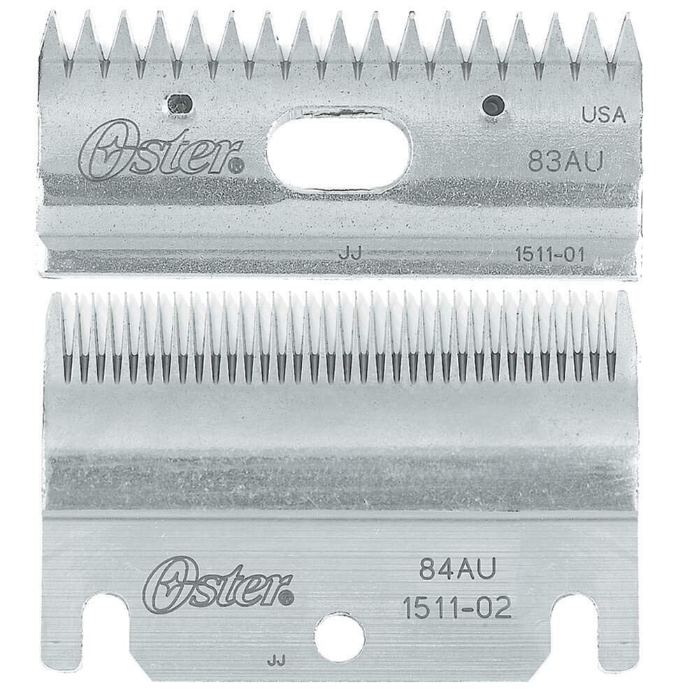 Oster Clipmaster blade set 83AU-84AU for precise, durable clipping on horses, lambs, and cattle.