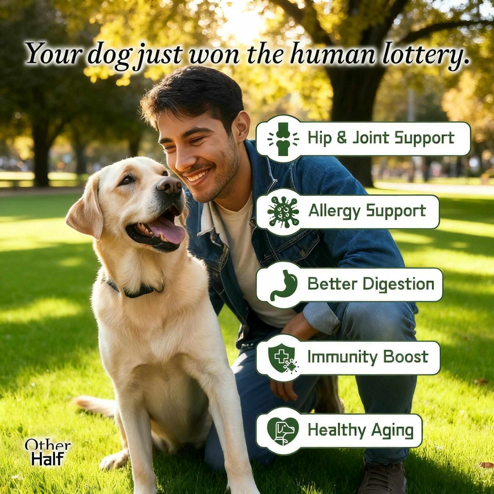 Other Half dog multivitamin bottle closeup emphasizes Omega-3 and joint-support ingredients.