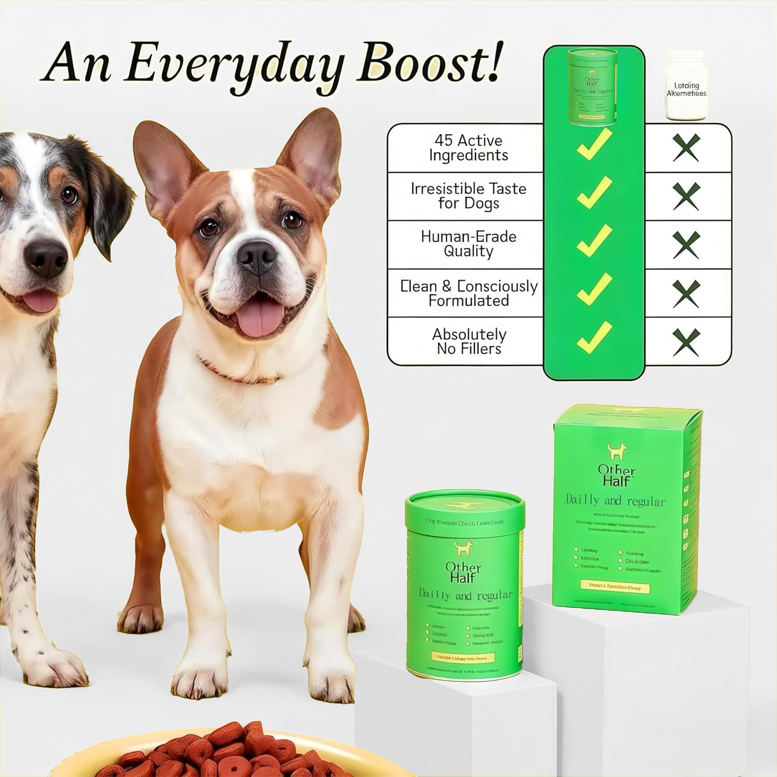 Other Half dog multivitamin powder being mixed into meals for flavor and nutrition.
