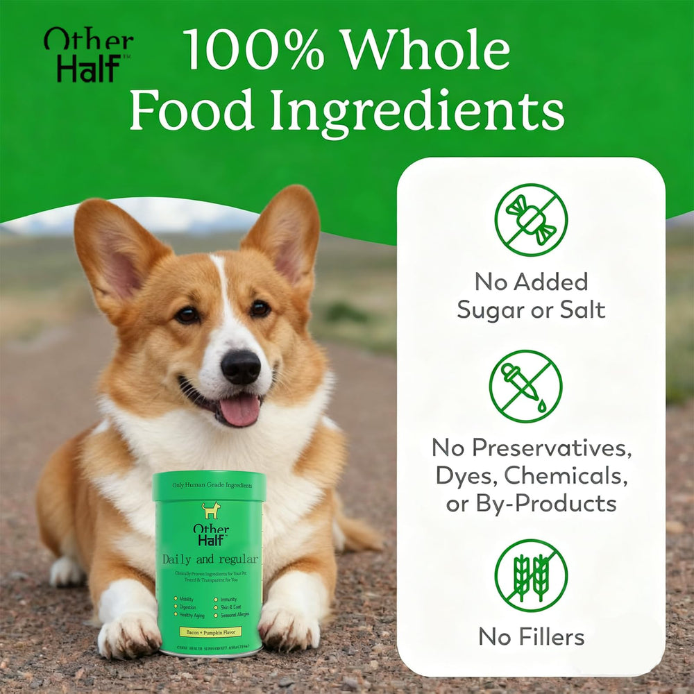 Other Half dog multivitamin packaging overview highlights 45 active ingredients per scoop.