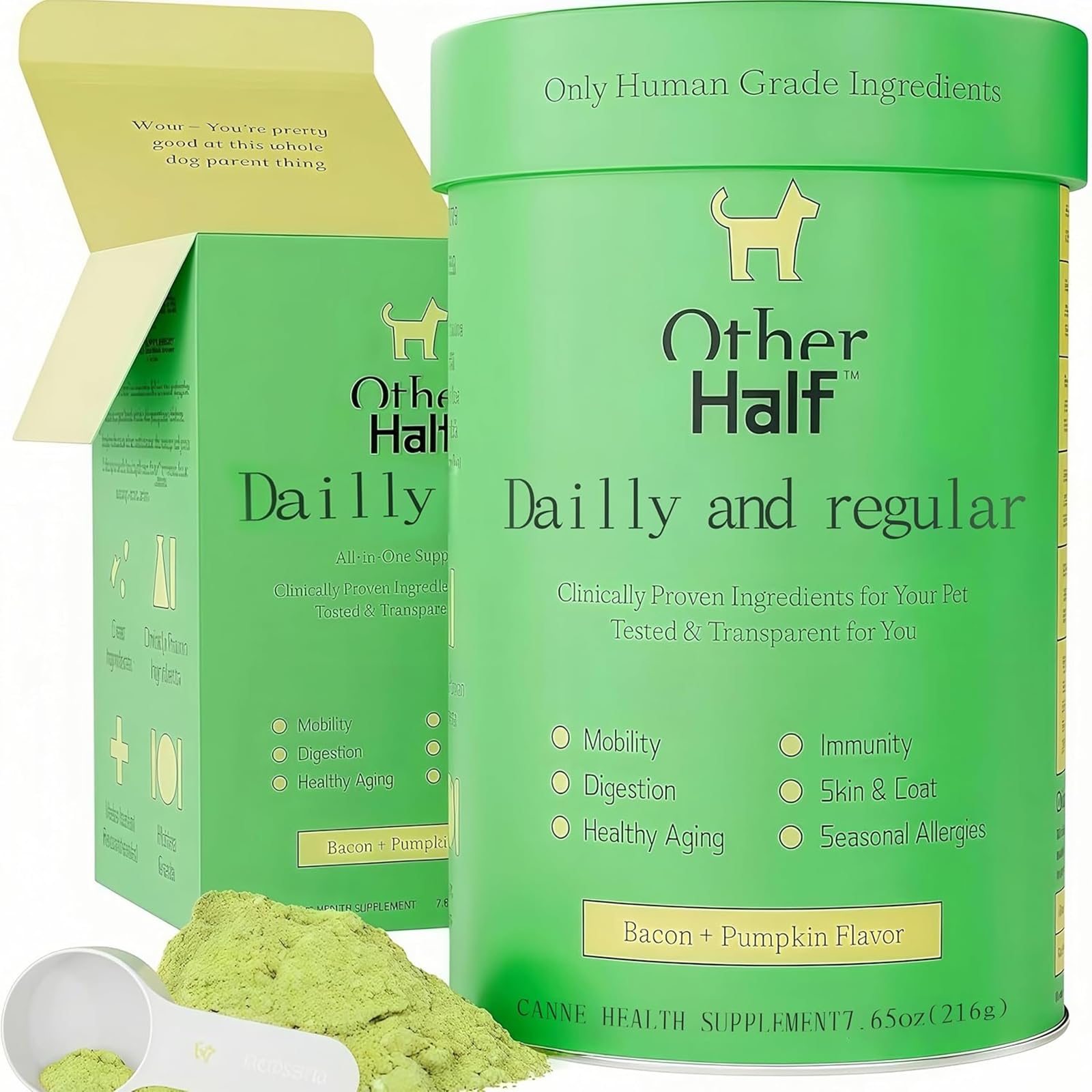Other Half dog multivitamin tub front for joint and skin support.