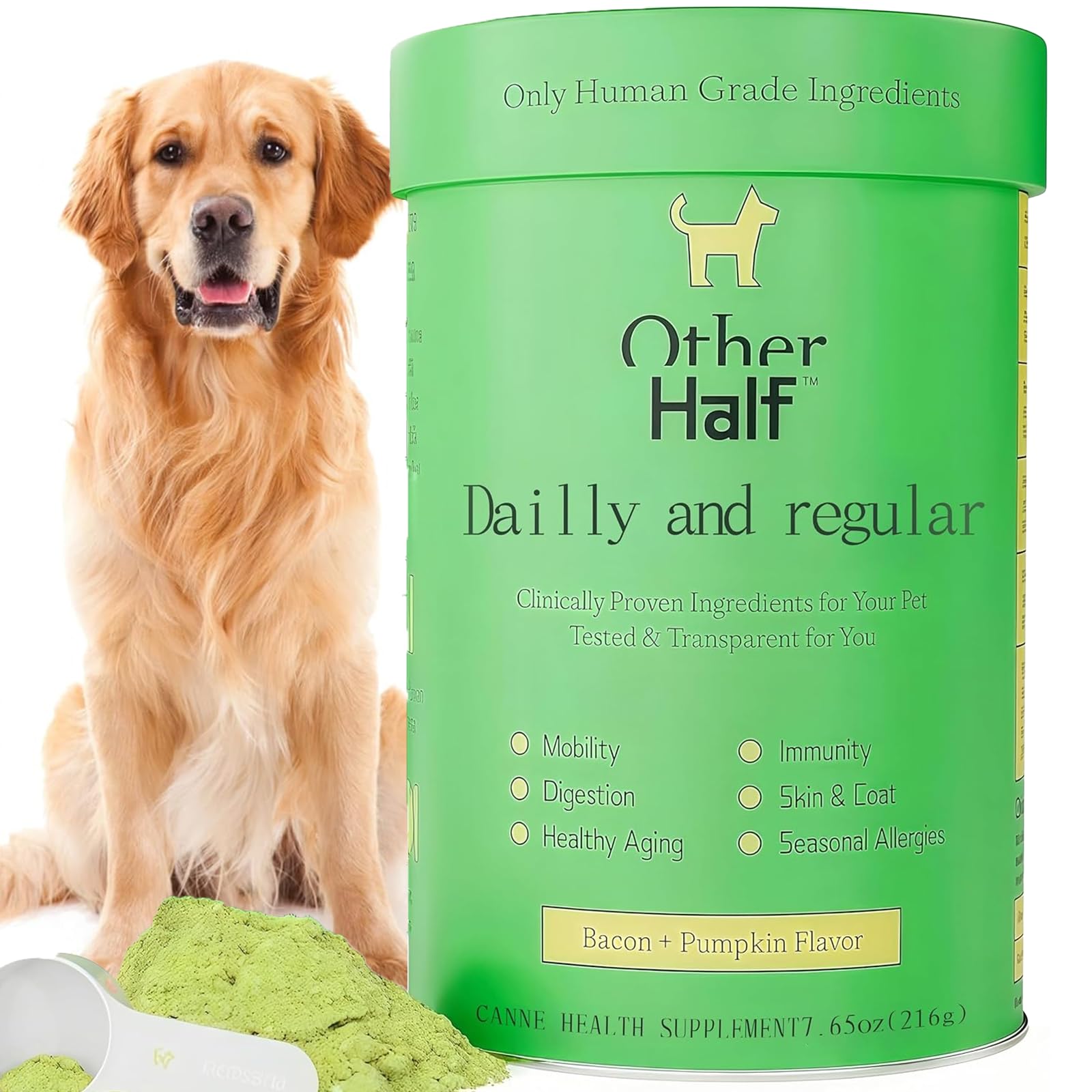 Other Half dog multivitamin tub ingredients panel highlights 45 active ingredients.