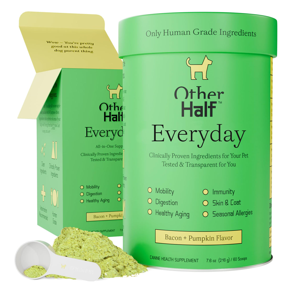 Other Half Everyday dog multivitamin bottle shows daily health support for dogs.