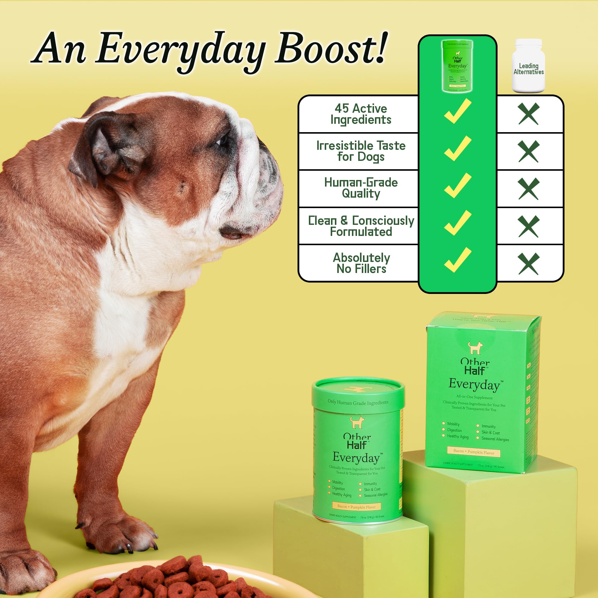 Other Half Everyday mixed into dog food in a bowl illustrates hassle-free serving.