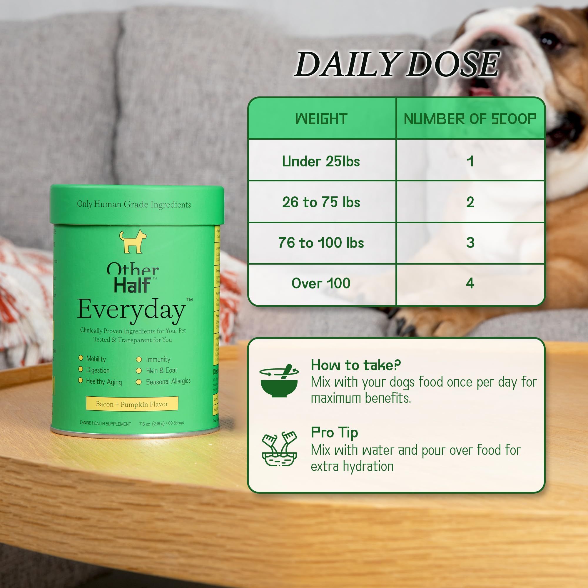 Other Half Everyday joint-support focus emphasizes hip mobility benefits for active dogs.