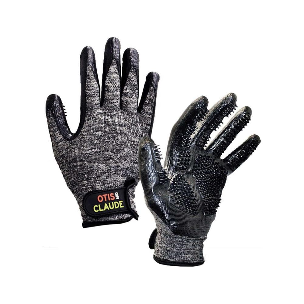 Otis and Claude grooming gloves five-finger design for comfortable, thorough grooming and shedding.