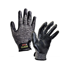 Otis and Claude grooming gloves five-finger design for comfortable, thorough grooming and shedding.