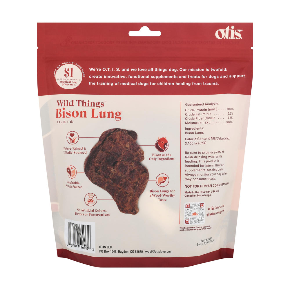 OTIS Wild Things Bison Lung Filets bag-closeup—grass-fed sourcing and no additives for dogs.