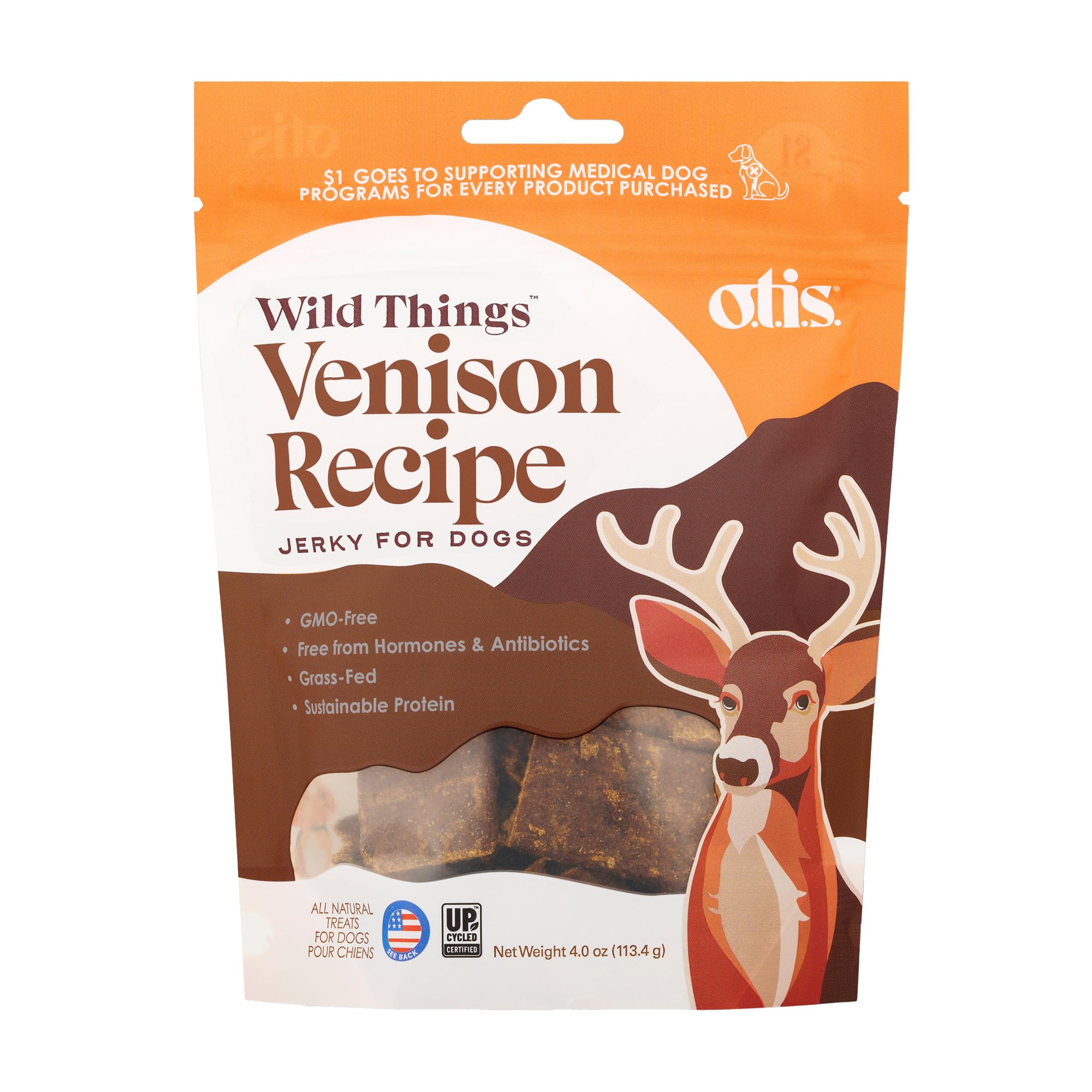OTIS Wild Things Venison Jerky bag 4oz ready-to-serve, ideal for daily training rewards