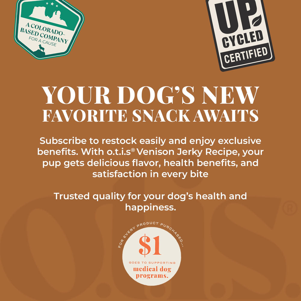 OTIS Wild Things Venison Jerky donation note highlighting $1 donation to medical dog programs