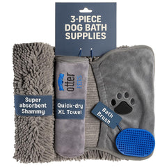 OtterPets 3-piece set shown with towels and brush for quick bath time.