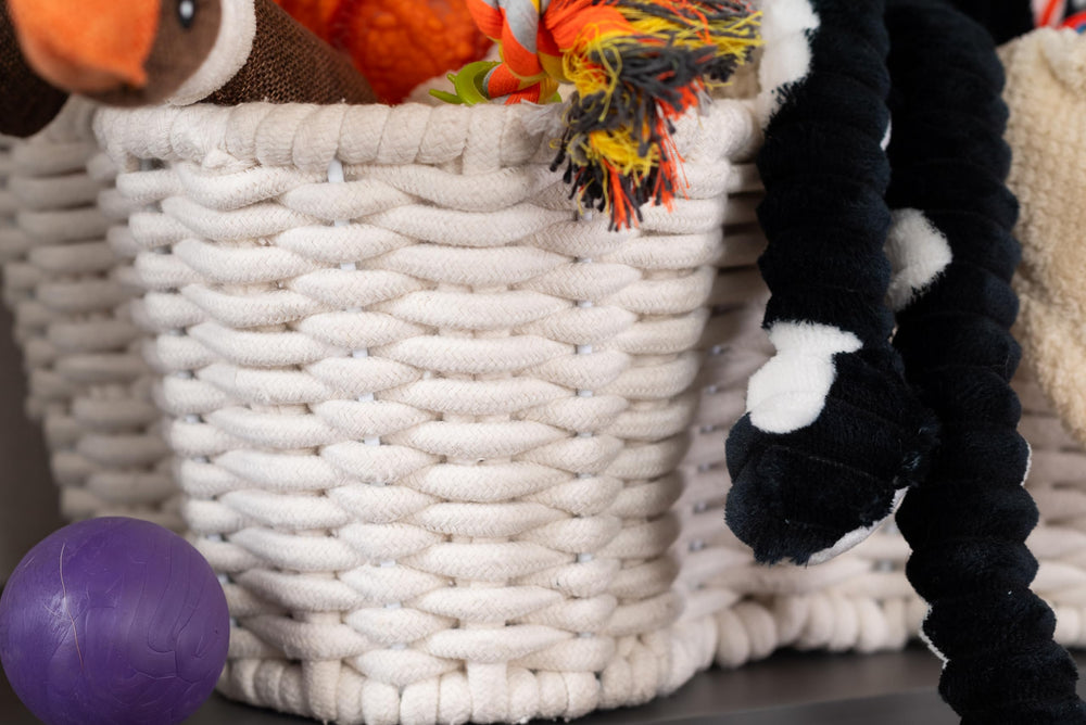 OtterPets home-ready toy bin blends with decor while corralling pet gear