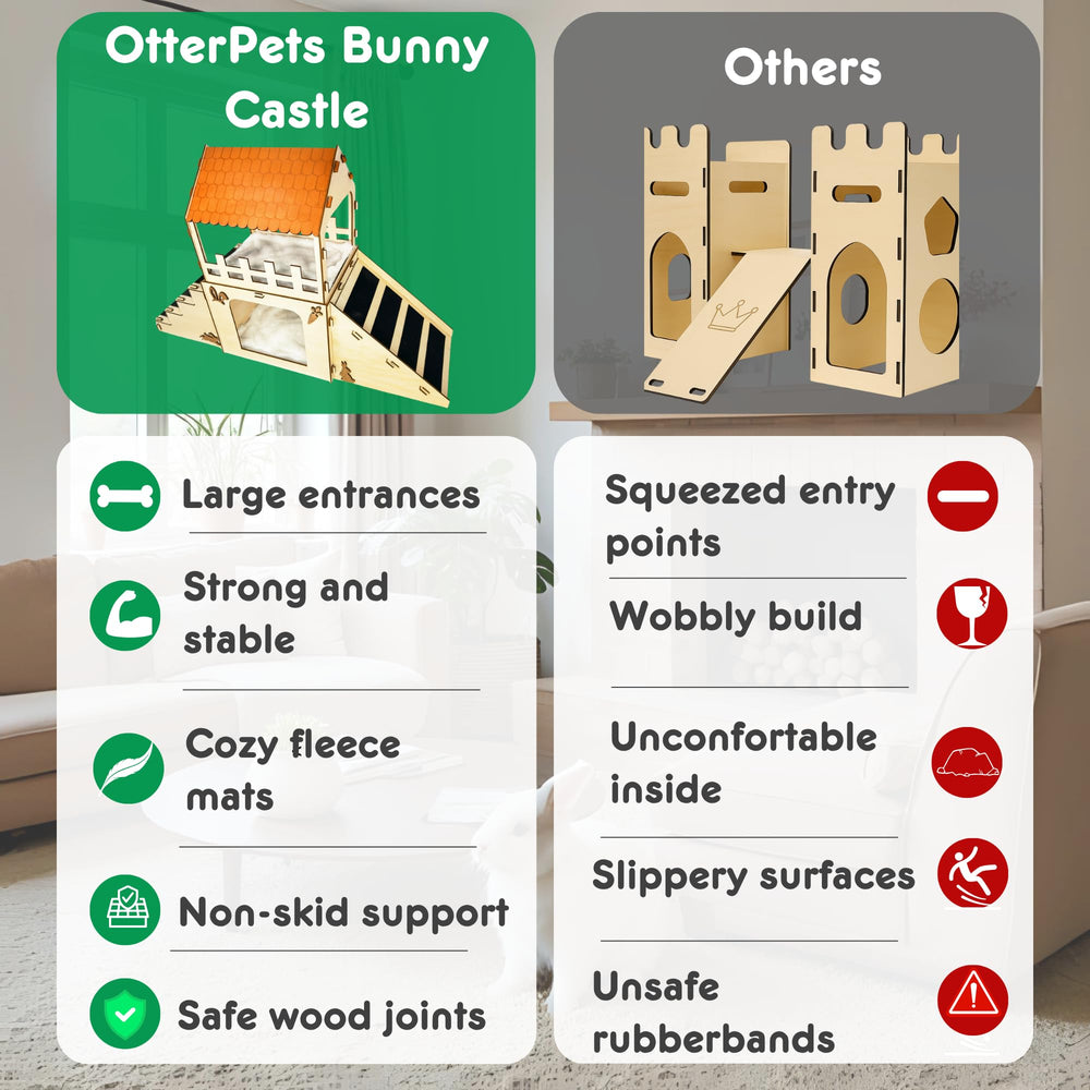 OtterPets wooden rabbit house interior with fleece mats and ramps