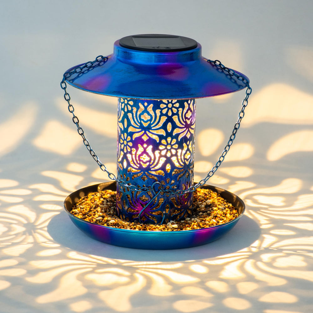 Ottsuls metal bird feeder solar lantern blue closeup, durable and weatherproof for long-term use.
