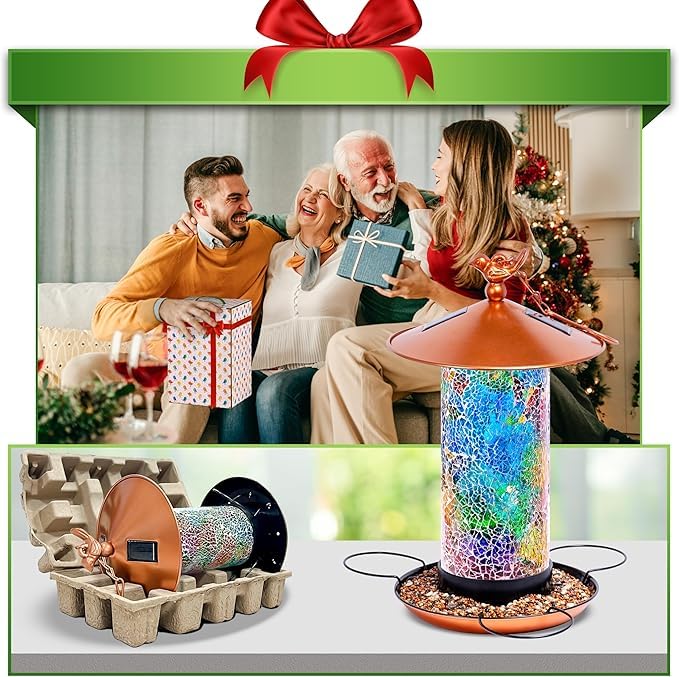 Ottsuls Mosaic Solar Bird Feeder lantern-lit at night with ambient garden light
