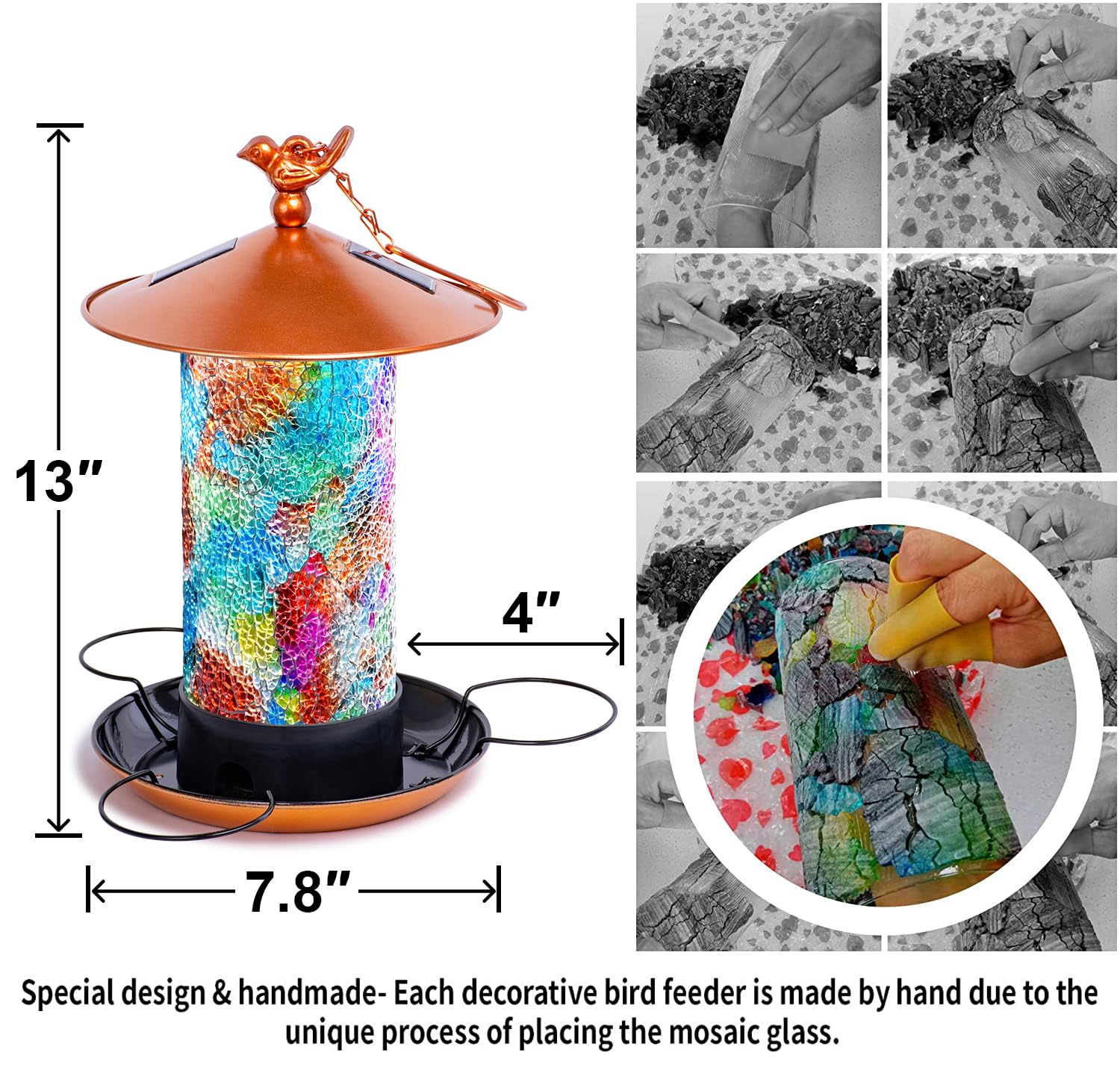 Ottsuls Mosaic Solar Bird Feeder night ambience with soft LED glow