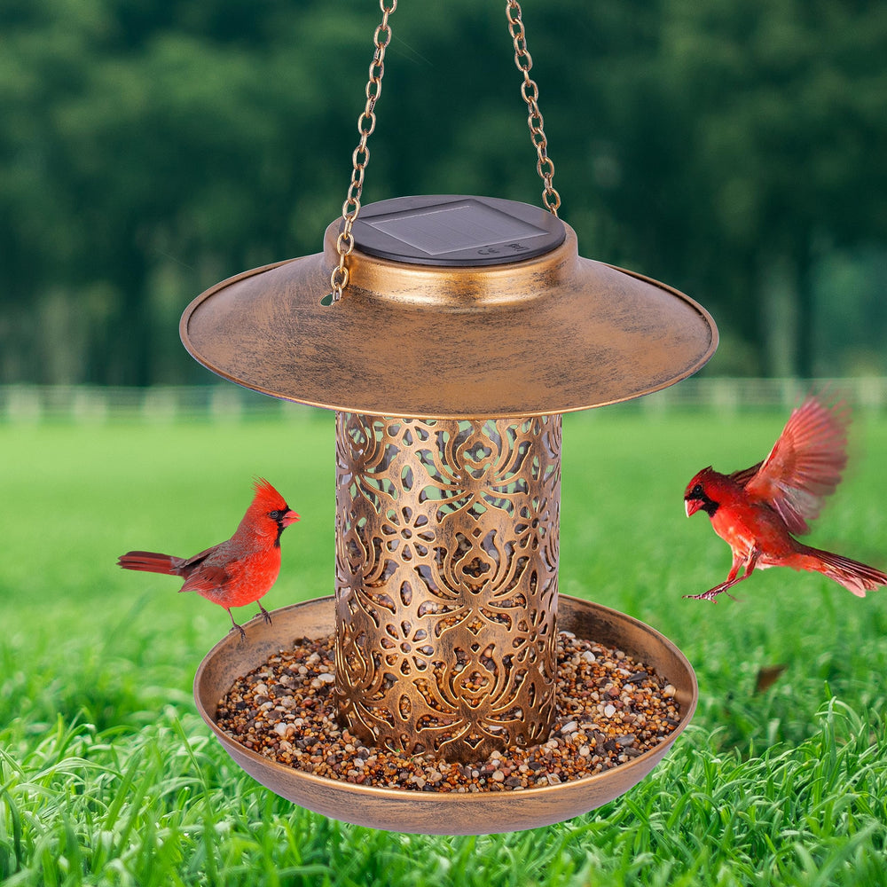 Ottsuls solar bird feeder bronze front view enhances outdoor decor and invites birds.