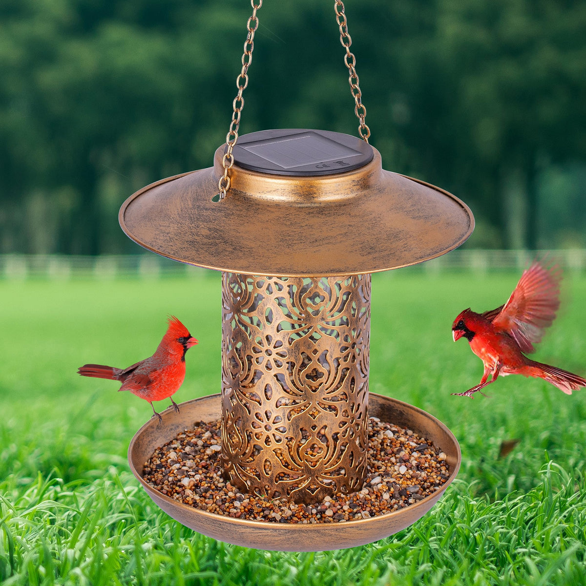 Ottsuls solar bird feeder bronze front view enhances outdoor decor and invites birds.
