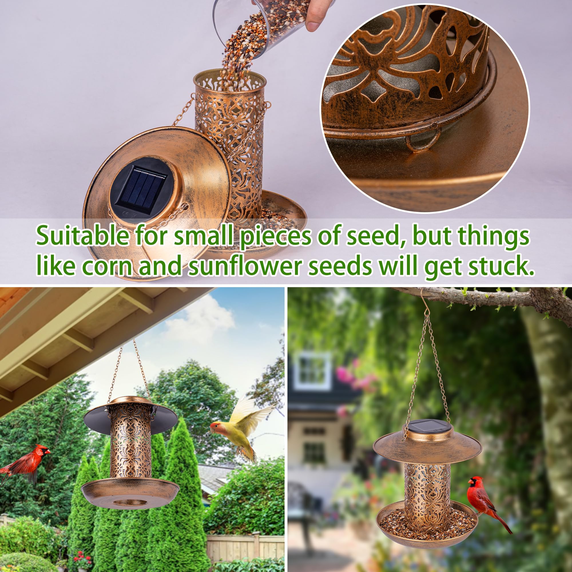 Ottsuls solar bird feeder hangs among plants attracting cardinals and songbirds.