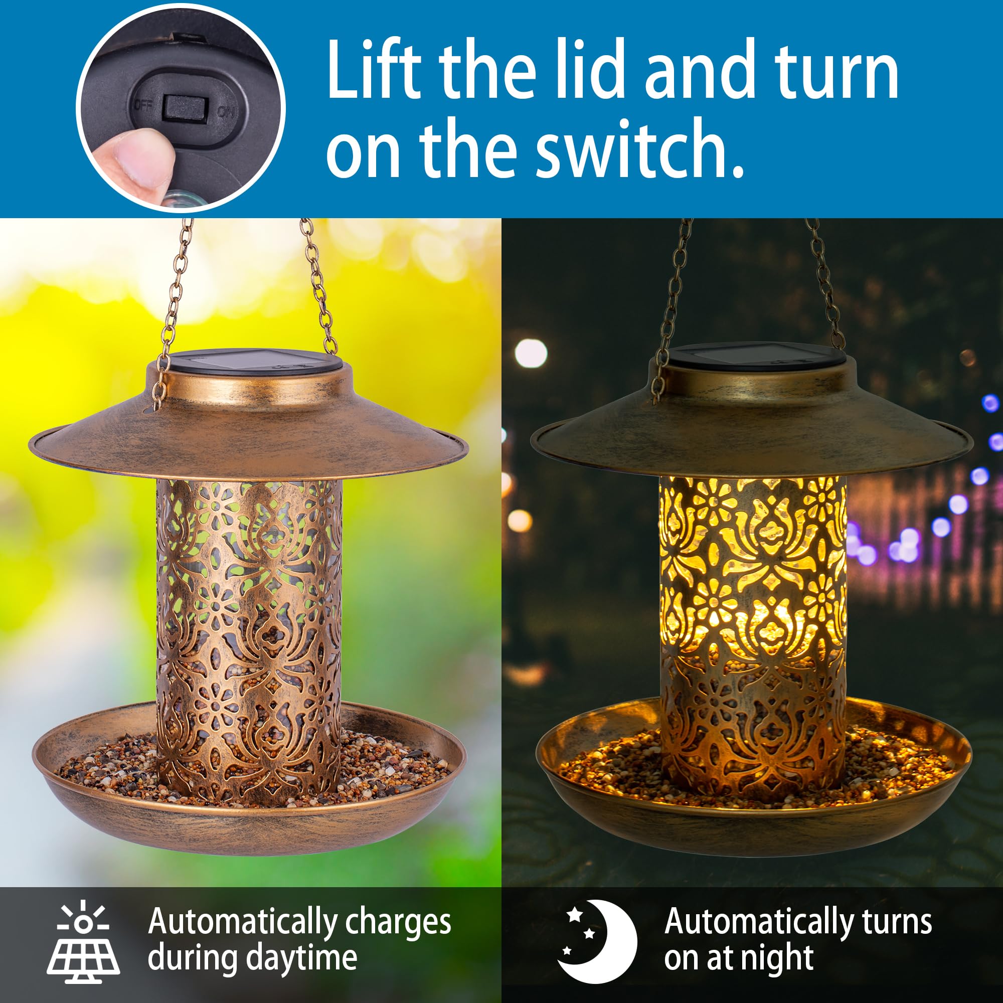 Ottsuls solar bird feeder close-up shows weatherproof metal with anti-rust coating.