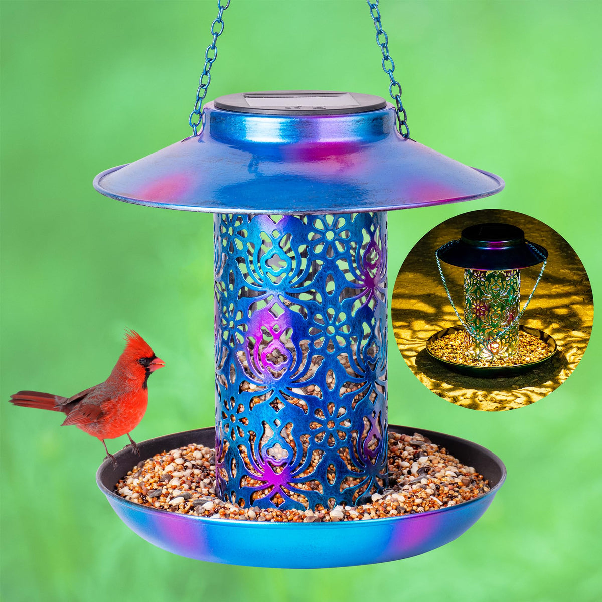 Ottsuls solar bird feeder outdoors blue, hanging view helps attract wild birds for backyard enjoyment.