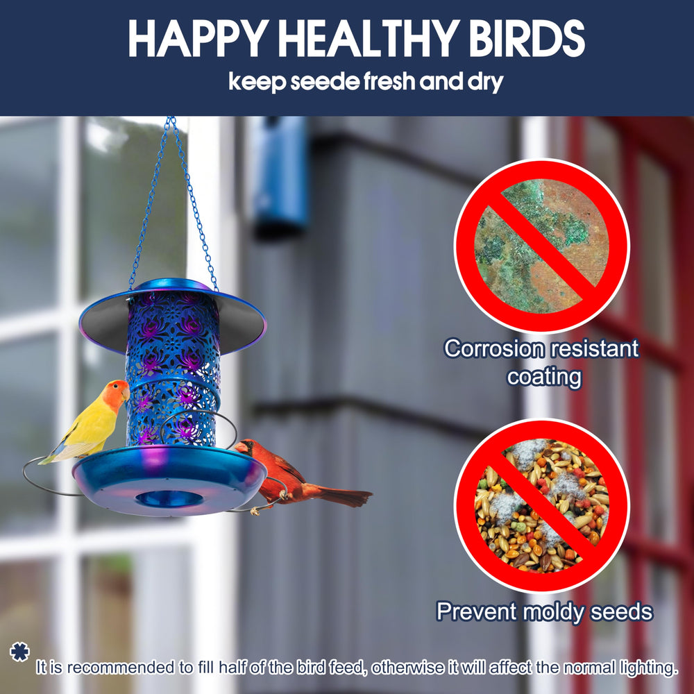 Ottsuls solar bird feeder seed tray catches spills for cleaner feeding.