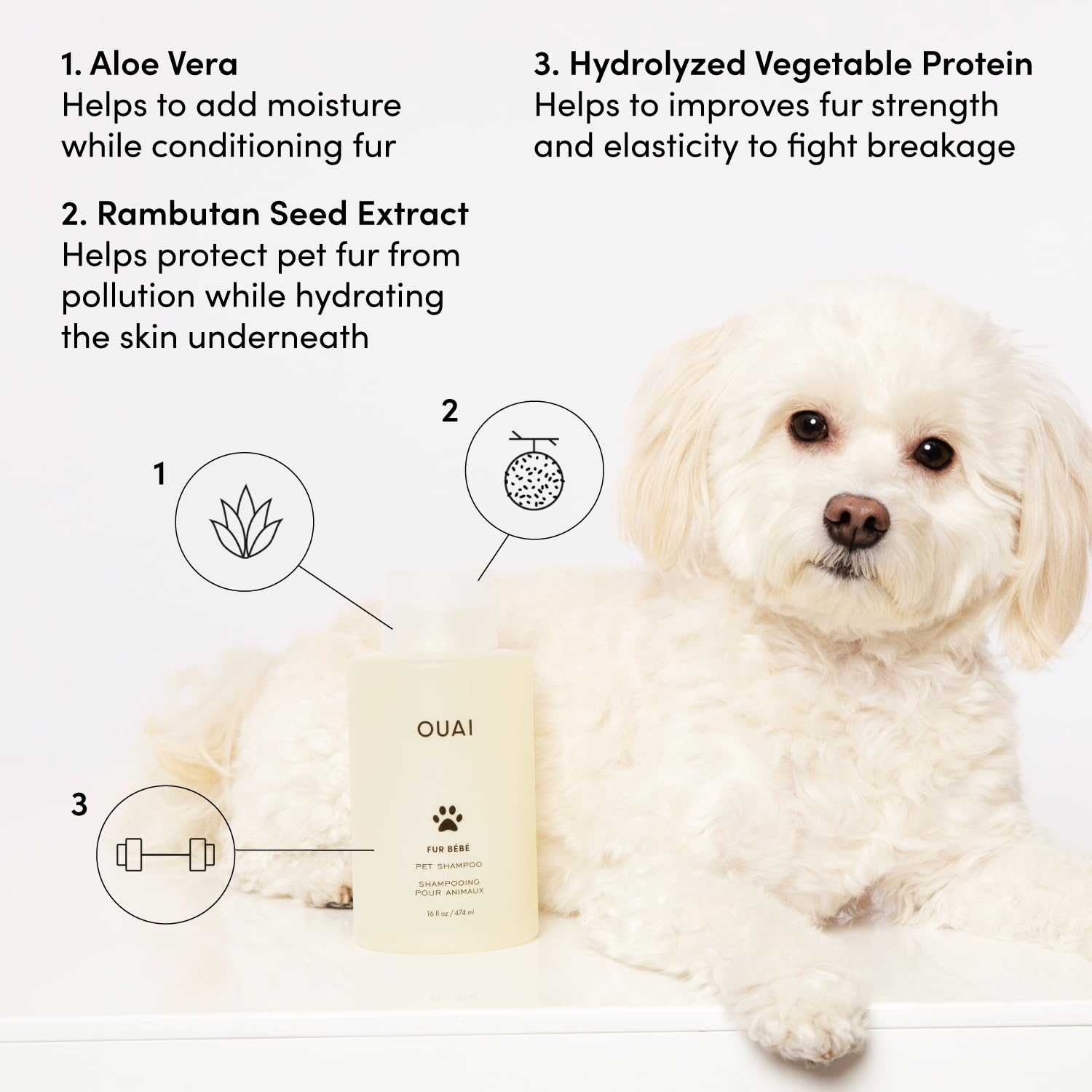 OUAI Fur Bébé shampoo label closeup highlighting Mercer Street scent