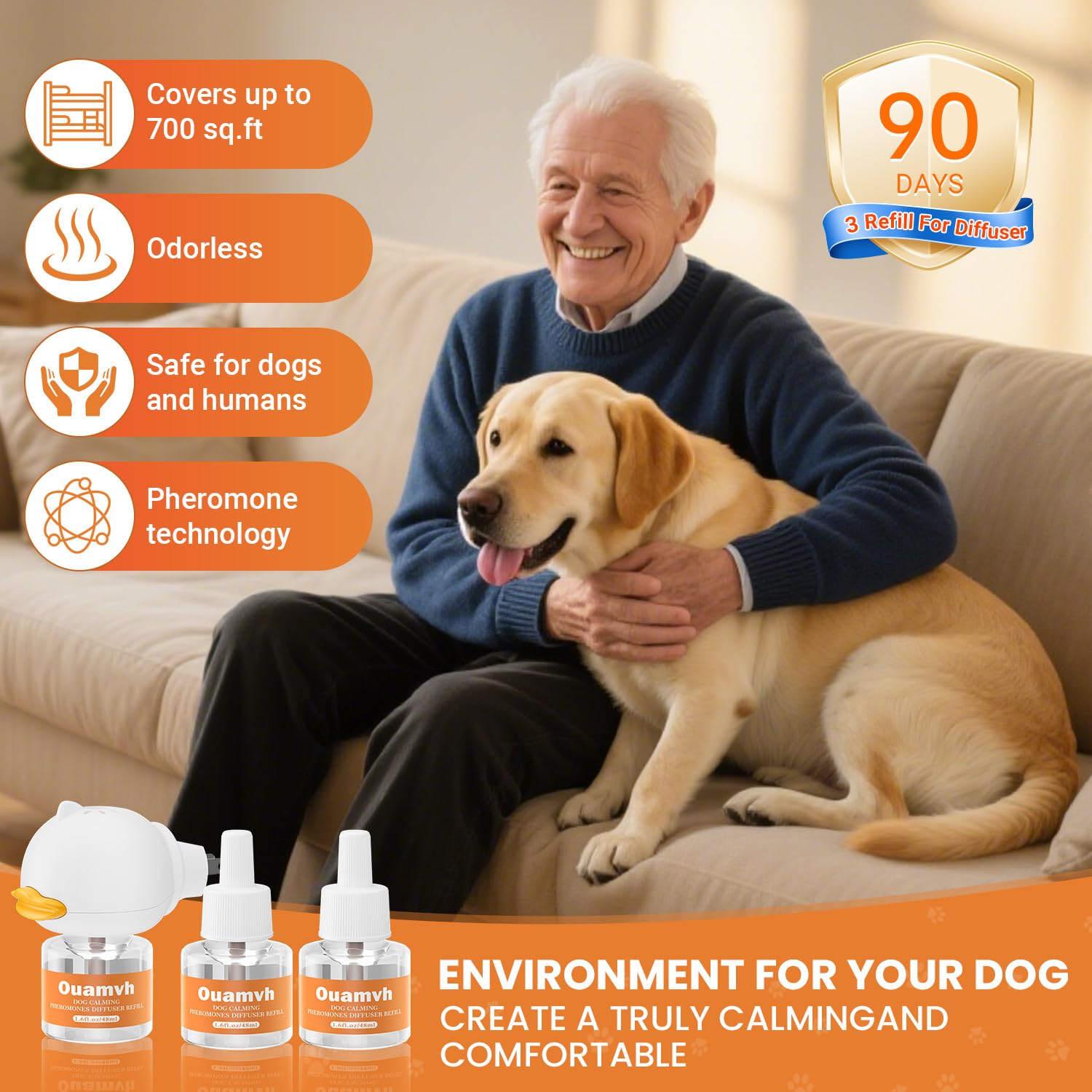 Ouamvh diffuser covers up to 700 square feet for multi-dog homes.