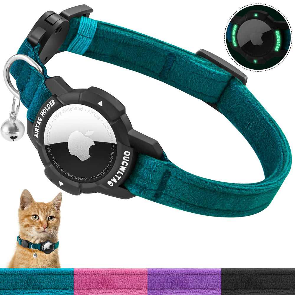 OUCWLTAG luminous AirTag cat collar blue boosts nighttime visibility for safer night excursions.