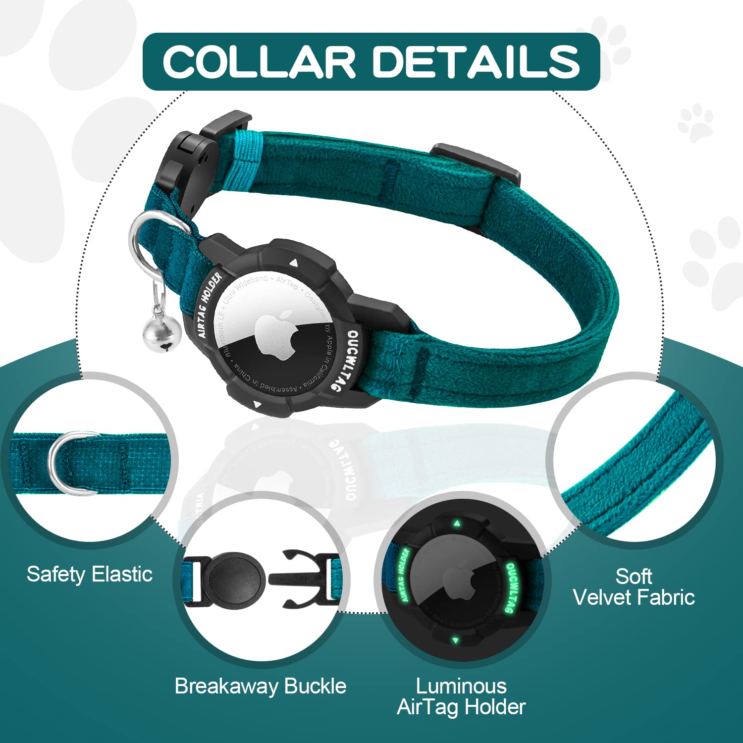 OUCWLTAG soft velvet cat collar closeup blue offers gentle skin comfort.