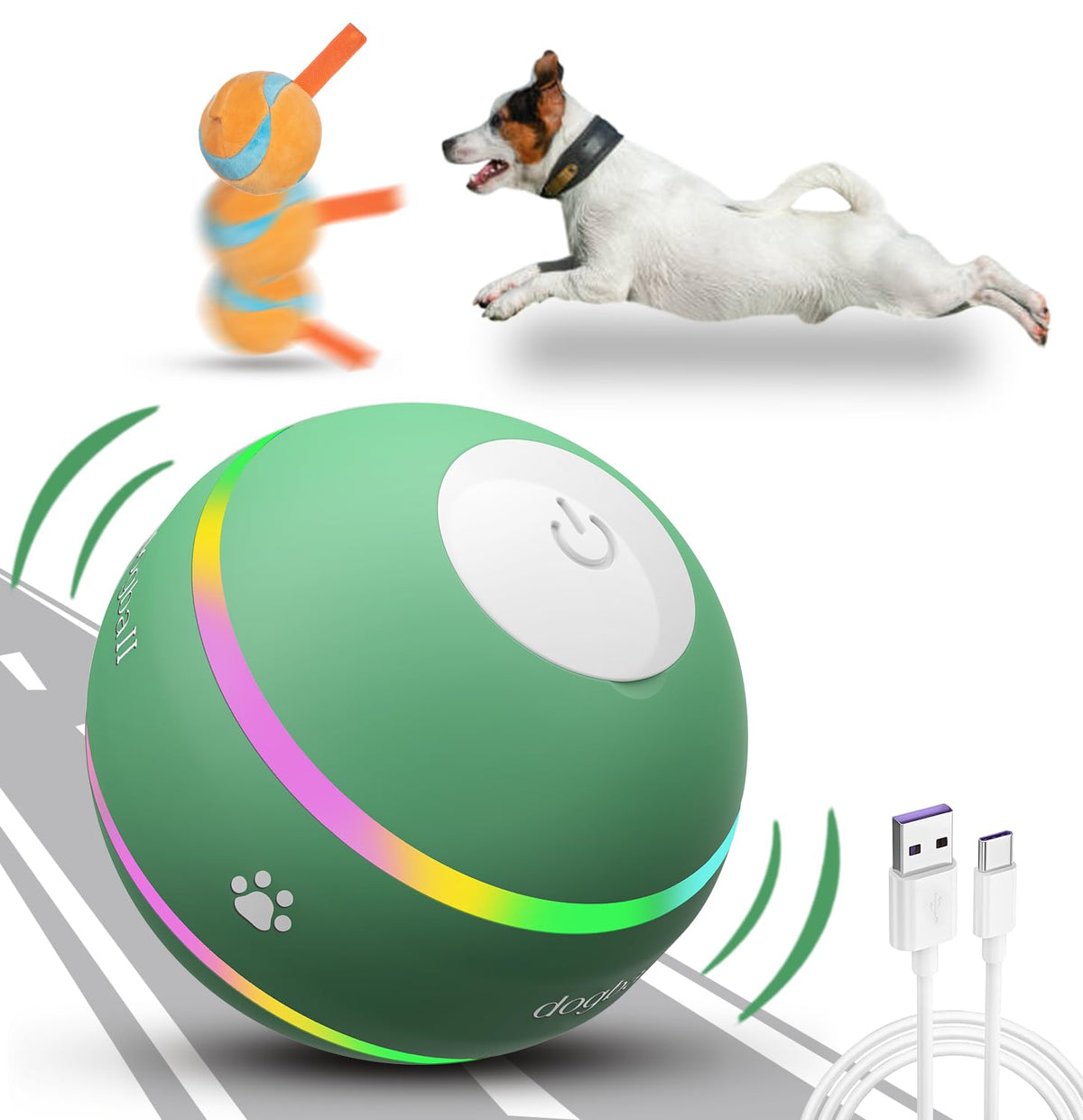 OULUXYLS interactive dog ball green front view for motion activated play on floors