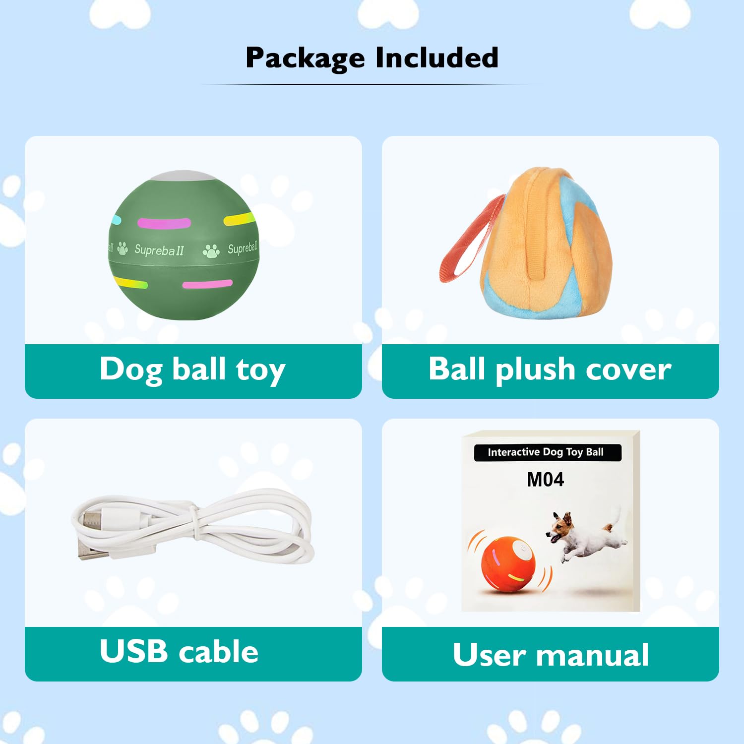 OULUXYLS dog ball packaging includes contents and setup guide