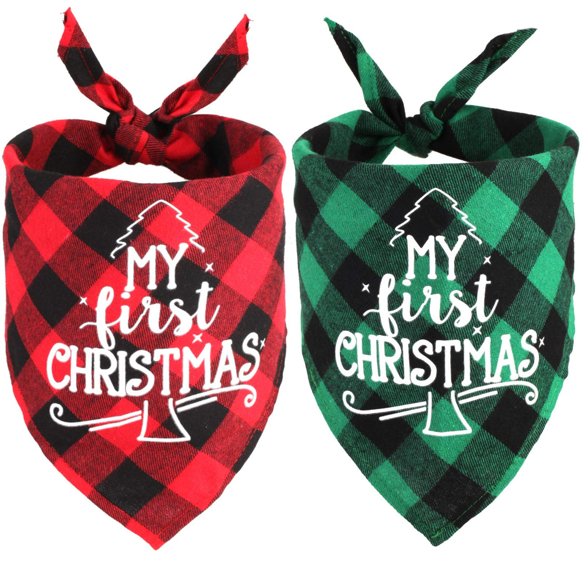OUMEE My First Christmas dog bandana closeup with festive plaid texture for photos