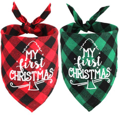 OUMEE My First Christmas dog bandana closeup with festive plaid texture for photos