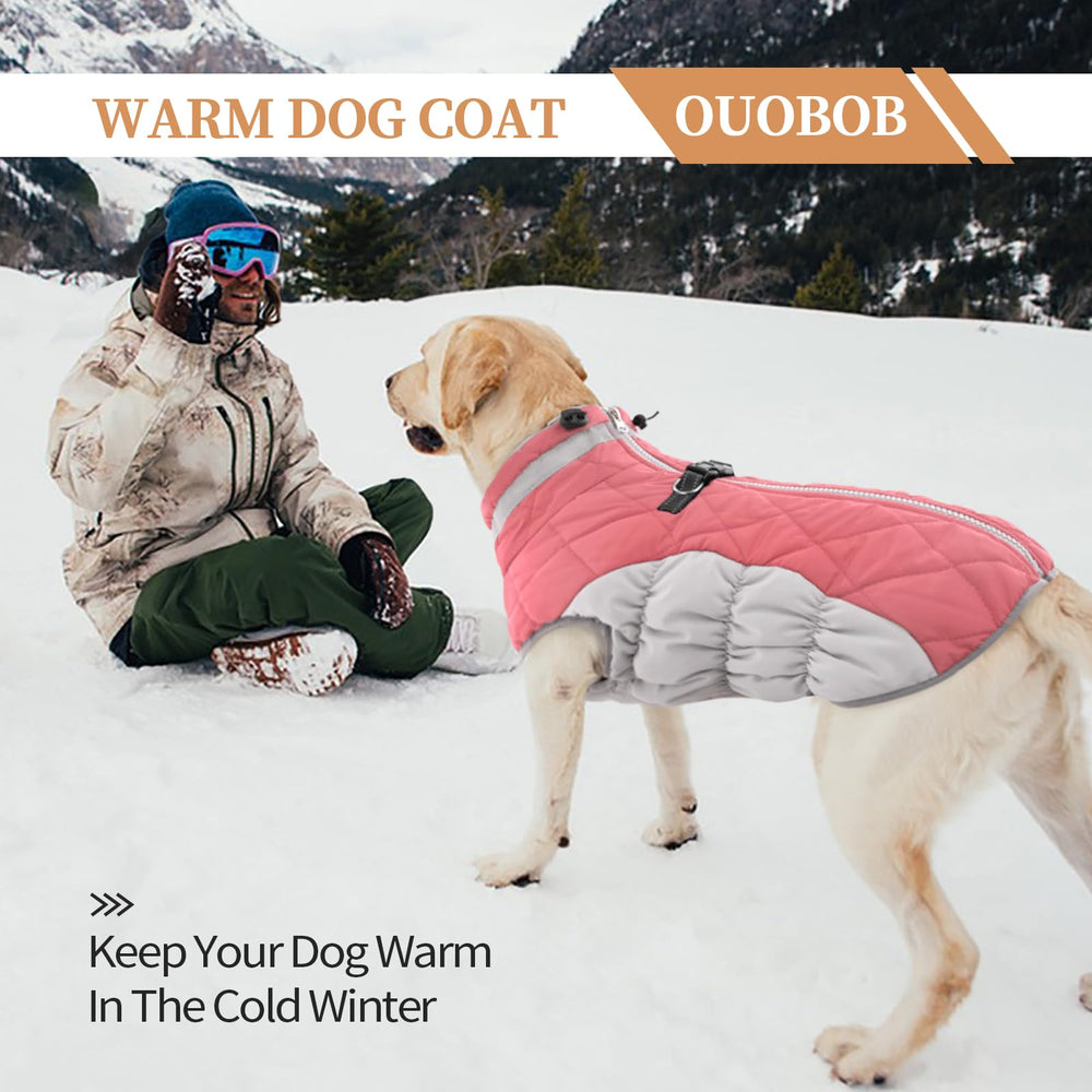 OUOBOB pink XL dog coat with D-ring leash attachment for simple walks.