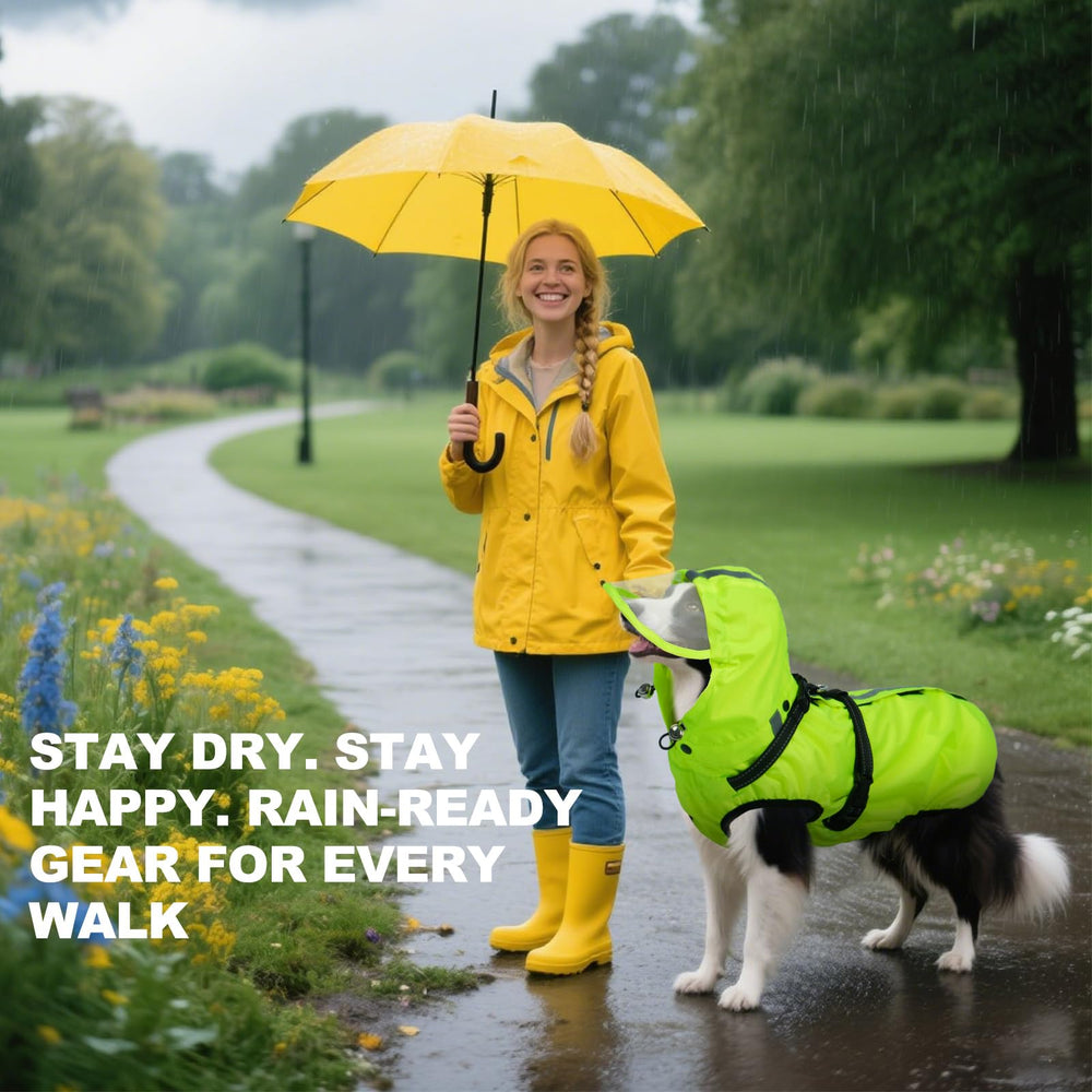 OUOBOB dog raincoat detachable hood with clear brim maintains visibility.