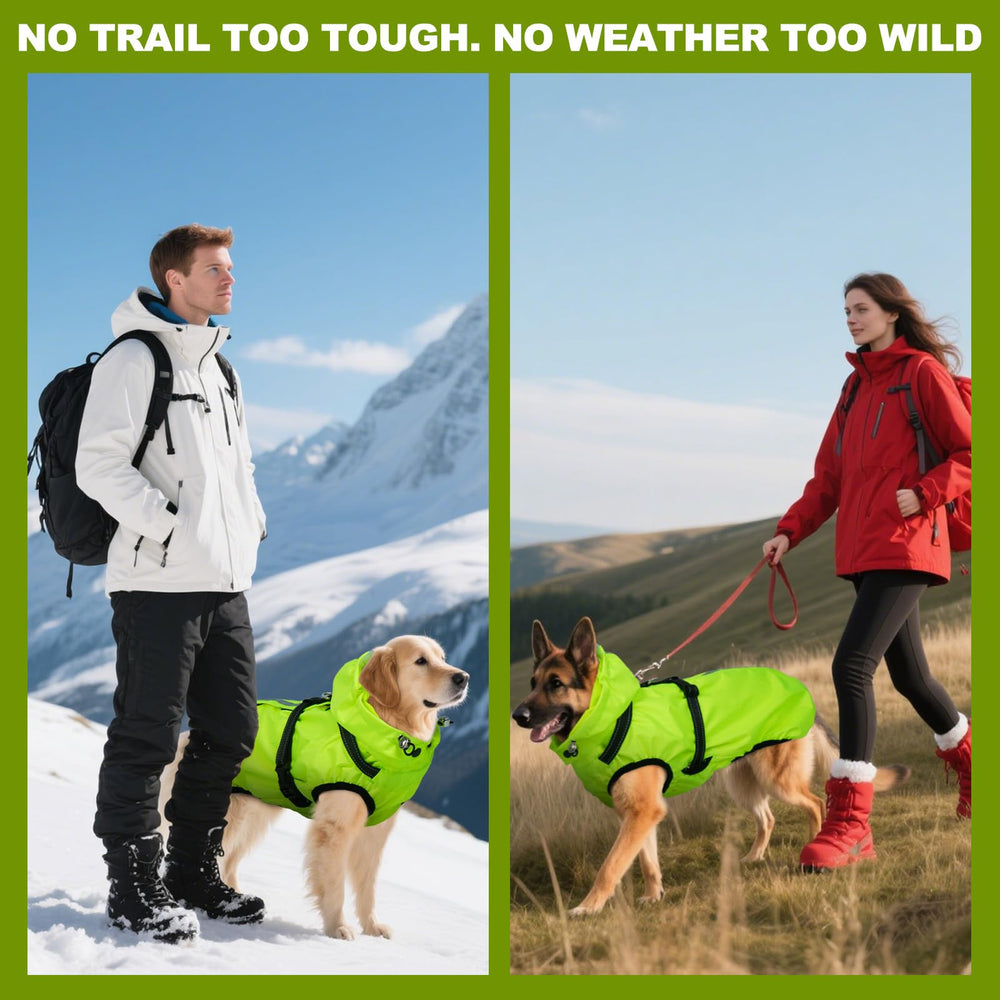 OUOBOB dog raincoat in multi-use scenarios for muddy parks and rainy days.
