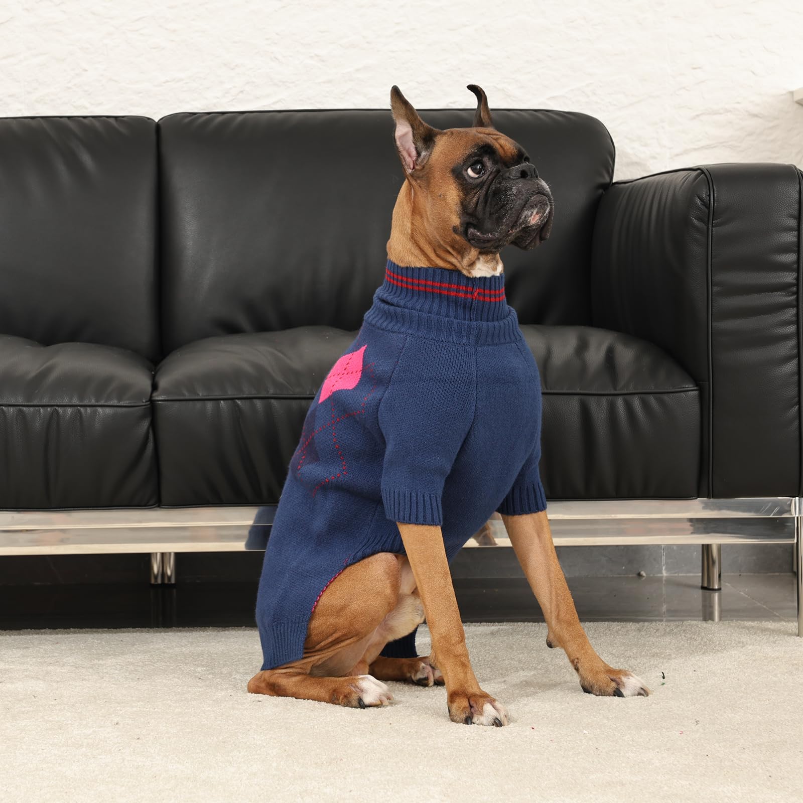 OUOBOB dog sweater blue XXL argyle back with pink-black pattern adds festive flair