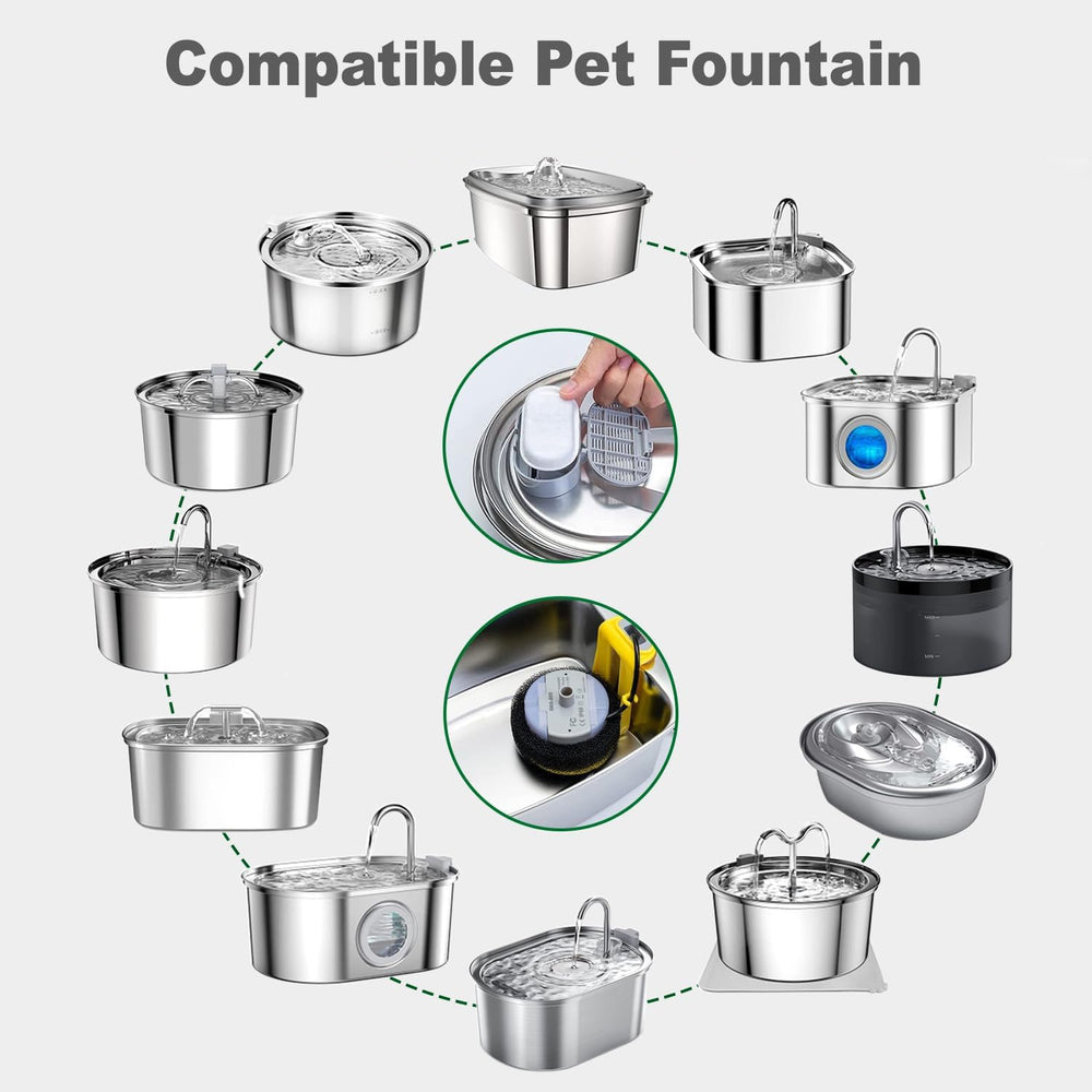 OUPUSES fountain filters assembled image shows compatibility with stainless fountains.