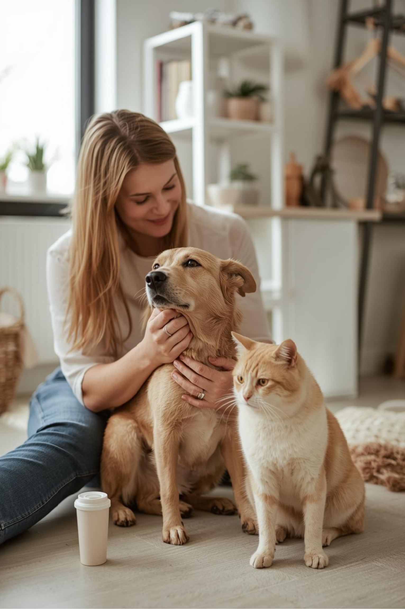 Woman sitting on the floor at home, gently caring for a dog with a cat beside them, representing trusted pet care and wellbeing in the UK