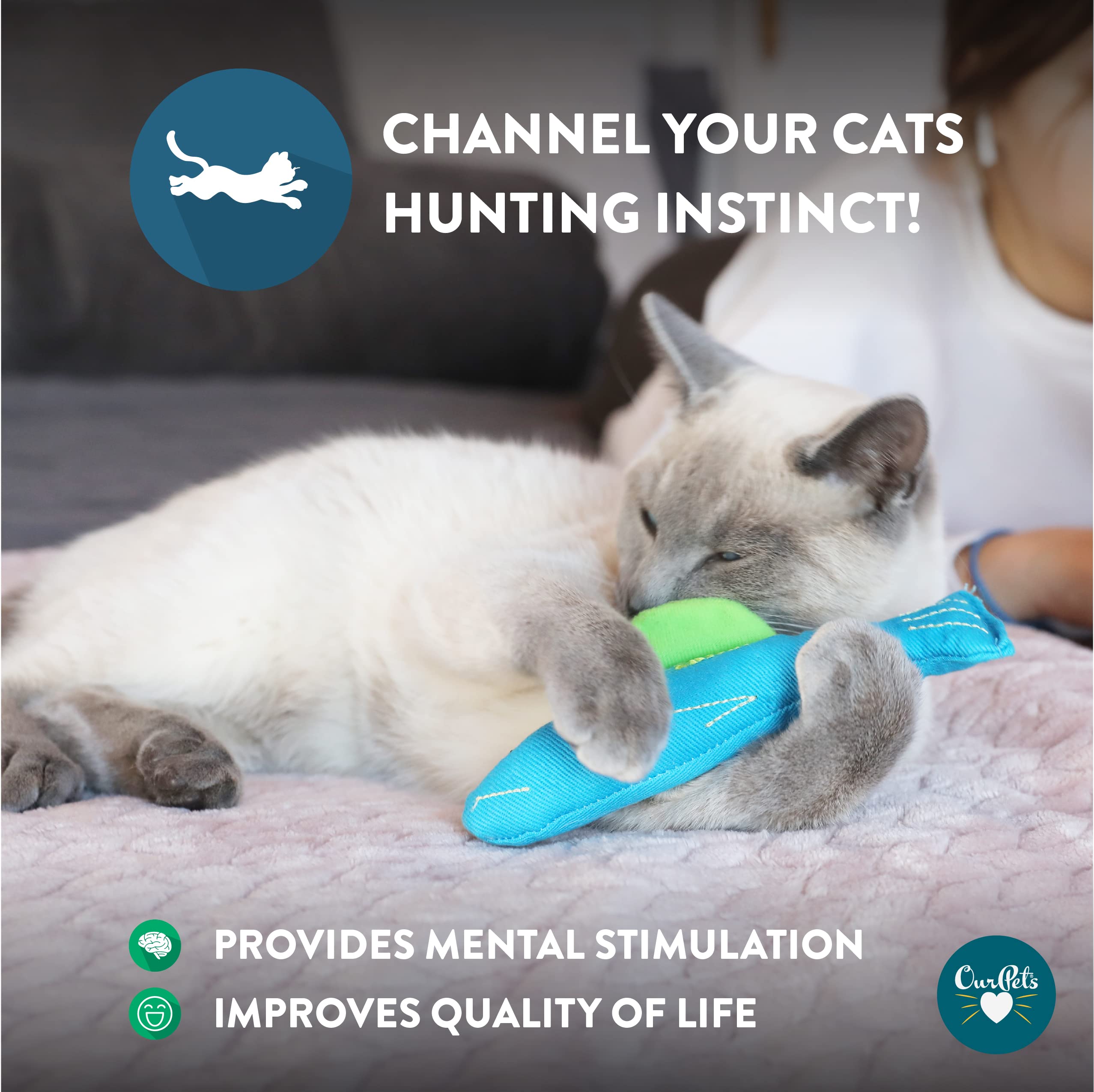 Our Pets catnip toy collection featuring seven distinct styles for variety.